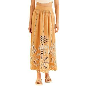 FARM Rio Tan Midi Skirt with White Embroidery